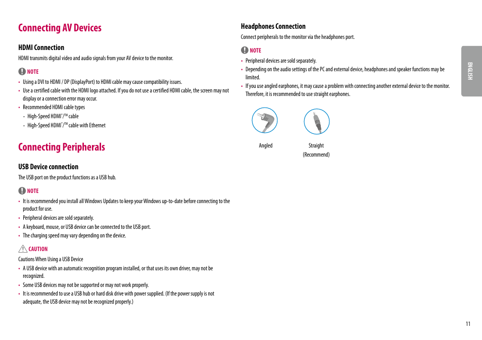 Connecting av devices, Connecting peripherals, Hdmi connection | Usb device connection, Headphones connection | LG UltraWide 34BQ650-W 34" 1080p HDR 100 Hz Monitor User Manual | Page 11 / 40