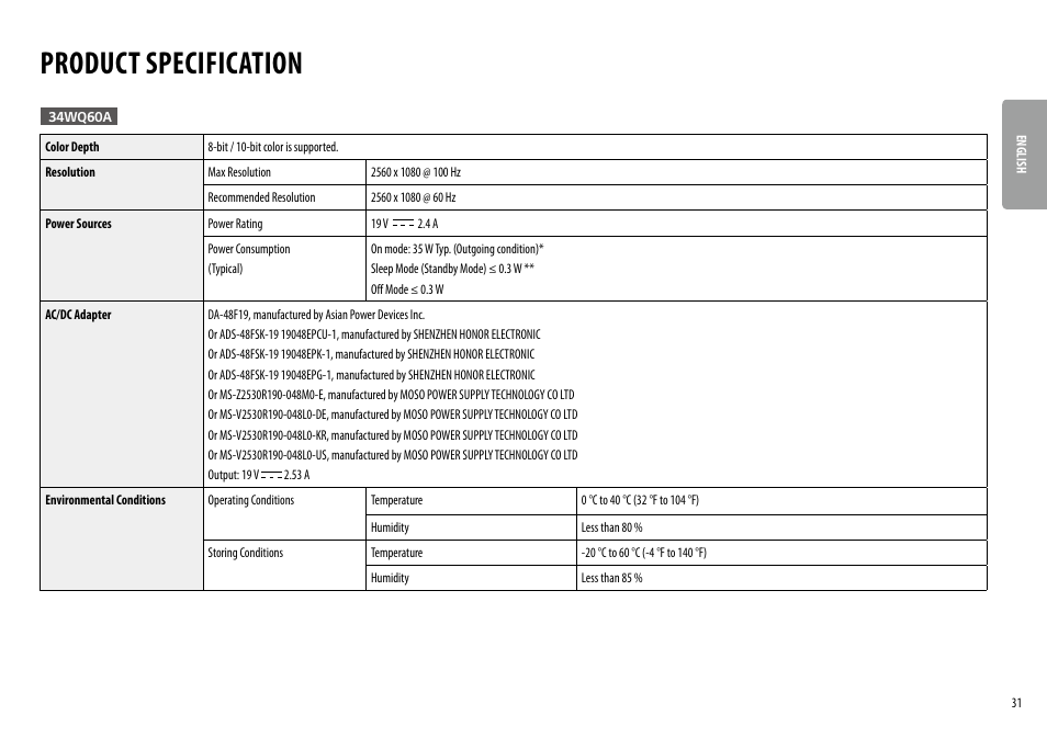 Product specification | LG UltraWide 34BQ650-W 34" 1080p HDR 100 Hz Monitor User Manual | Page 31 / 40