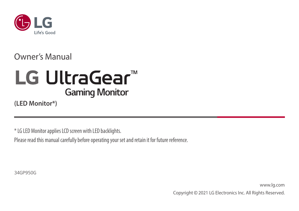 LG UltraGear 34GP950G-B 34" 21:9 Curved G-Sync QHD 144 Hz HDR IPS Gaming Monitor User Manual | 30 pages