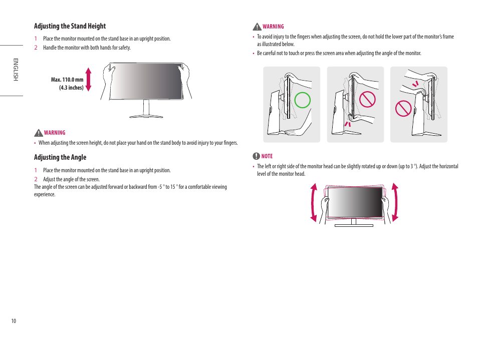 Adjusting the stand height, Adjusting the angle | LG UltraGear 34GP950G-B 34" 21:9 Curved G-Sync QHD 144 Hz HDR IPS Gaming Monitor User Manual | Page 10 / 30