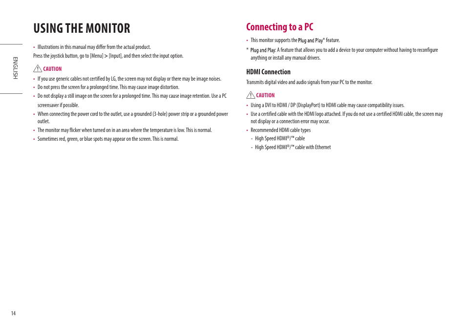 Using the monitor, Connecting to a pc, Hdmi connection | LG UltraGear 34GP950G-B 34" 21:9 Curved G-Sync QHD 144 Hz HDR IPS Gaming Monitor User Manual | Page 14 / 30