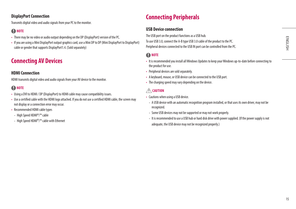 Connecting av devices, Connecting peripherals, Displayport connection | Hdmi connection, Usb device connection | LG UltraGear 34GP950G-B 34" 21:9 Curved G-Sync QHD 144 Hz HDR IPS Gaming Monitor User Manual | Page 15 / 30