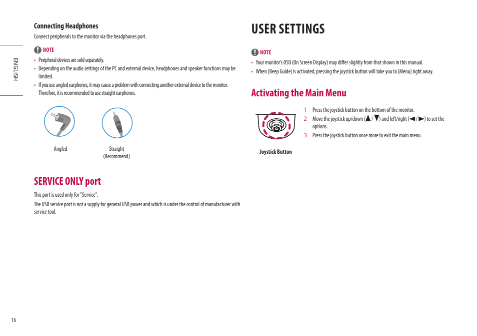 User settings, Service only port, Activating the main menu | LG UltraGear 34GP950G-B 34" 21:9 Curved G-Sync QHD 144 Hz HDR IPS Gaming Monitor User Manual | Page 16 / 30