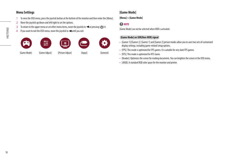 Menu settings, Game mode | LG UltraGear 34GP950G-B 34" 21:9 Curved G-Sync QHD 144 Hz HDR IPS Gaming Monitor User Manual | Page 18 / 30