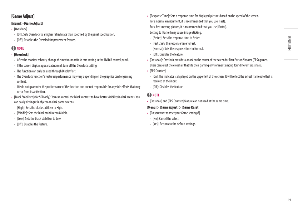 Game adjust | LG UltraGear 34GP950G-B 34" 21:9 Curved G-Sync QHD 144 Hz HDR IPS Gaming Monitor User Manual | Page 19 / 30