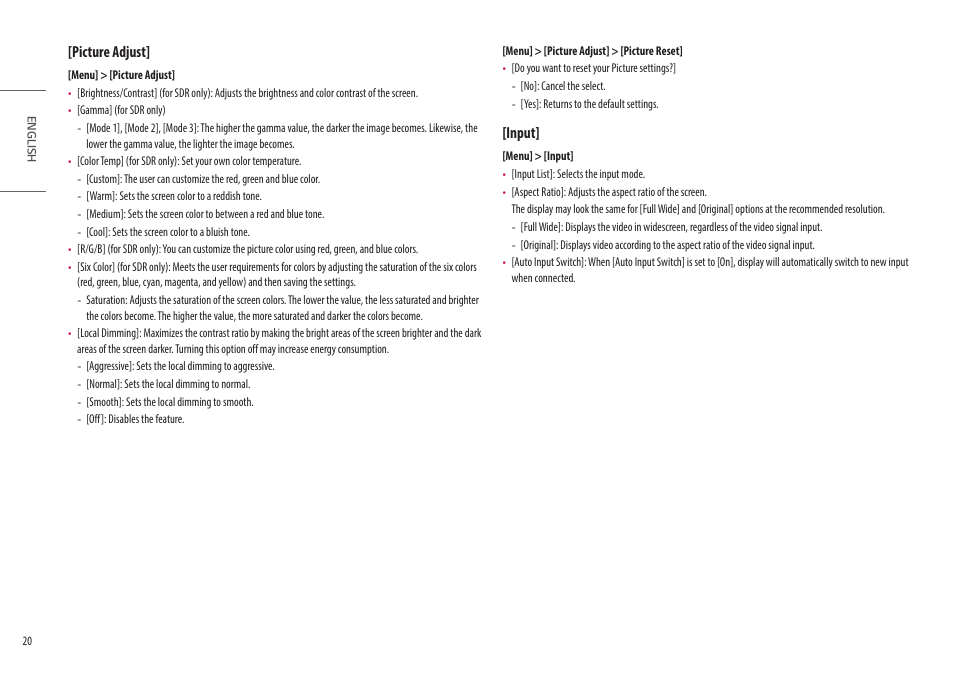 Picture adjust, Input | LG UltraGear 34GP950G-B 34" 21:9 Curved G-Sync QHD 144 Hz HDR IPS Gaming Monitor User Manual | Page 20 / 30