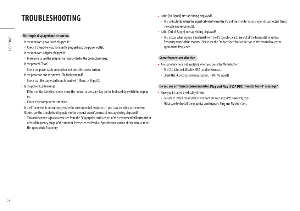 Troubleshooting | LG UltraGear 34GP950G-B 34" 21:9 Curved G-Sync QHD 144 Hz HDR IPS Gaming Monitor User Manual | Page 22 / 30