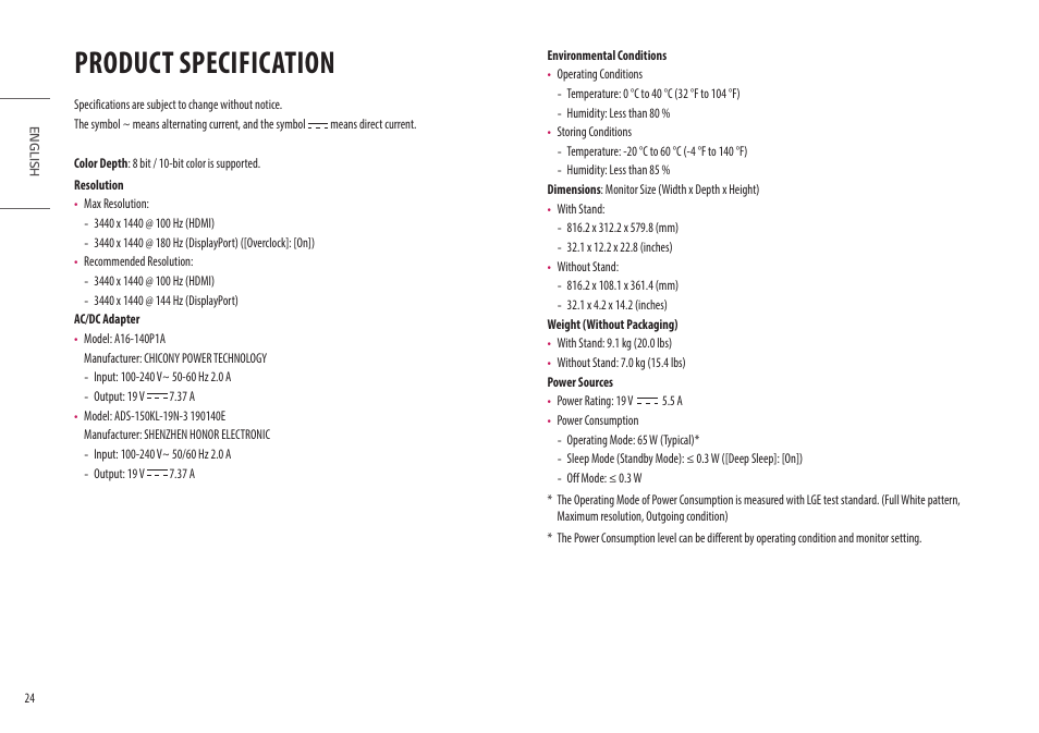 Product specification | LG UltraGear 34GP950G-B 34" 21:9 Curved G-Sync QHD 144 Hz HDR IPS Gaming Monitor User Manual | Page 24 / 30