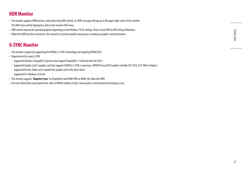Hdr monitor, G-sync monitor | LG UltraGear 34GP950G-B 34" 21:9 Curved G-Sync QHD 144 Hz HDR IPS Gaming Monitor User Manual | Page 27 / 30