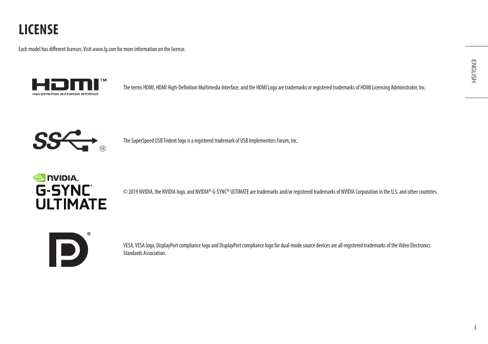 License | LG UltraGear 34GP950G-B 34" 21:9 Curved G-Sync QHD 144 Hz HDR IPS Gaming Monitor User Manual | Page 3 / 30