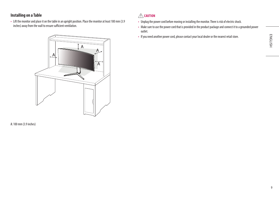 Installing on a table | LG UltraGear 34GP950G-B 34" 21:9 Curved G-Sync QHD 144 Hz HDR IPS Gaming Monitor User Manual | Page 9 / 30