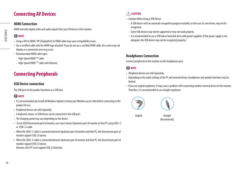 Connecting av devices, Connecting peripherals, Hdmi connection | Usb device connection, Headphones connection | LG 27" IPS Full HD Monitor with USB Type-C User Manual | Page 10 / 27