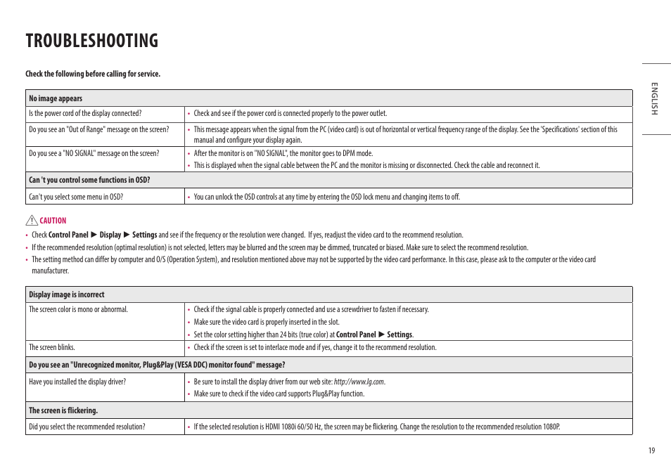 Troubleshooting | LG 27" IPS Full HD Monitor with USB Type-C User Manual | Page 19 / 27
