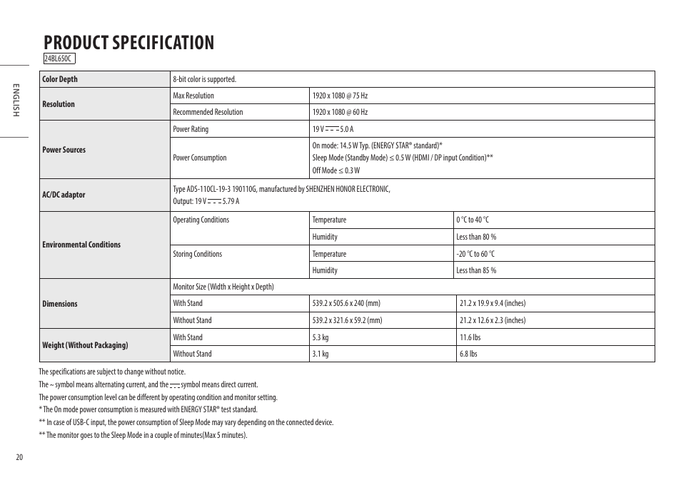 Product specification | LG 27" IPS Full HD Monitor with USB Type-C User Manual | Page 20 / 27