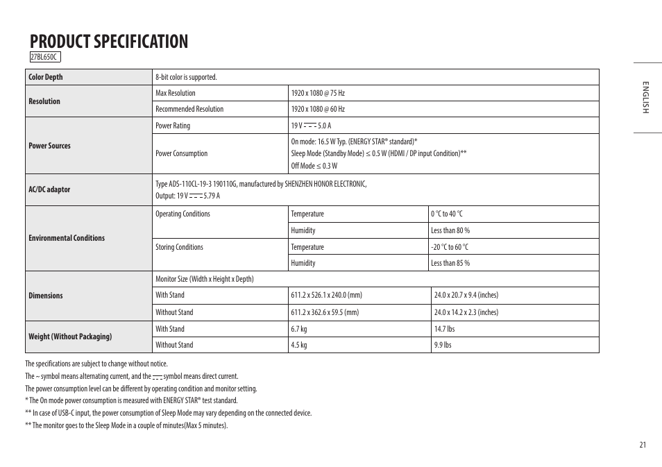 Product specification | LG 27" IPS Full HD Monitor with USB Type-C User Manual | Page 21 / 27