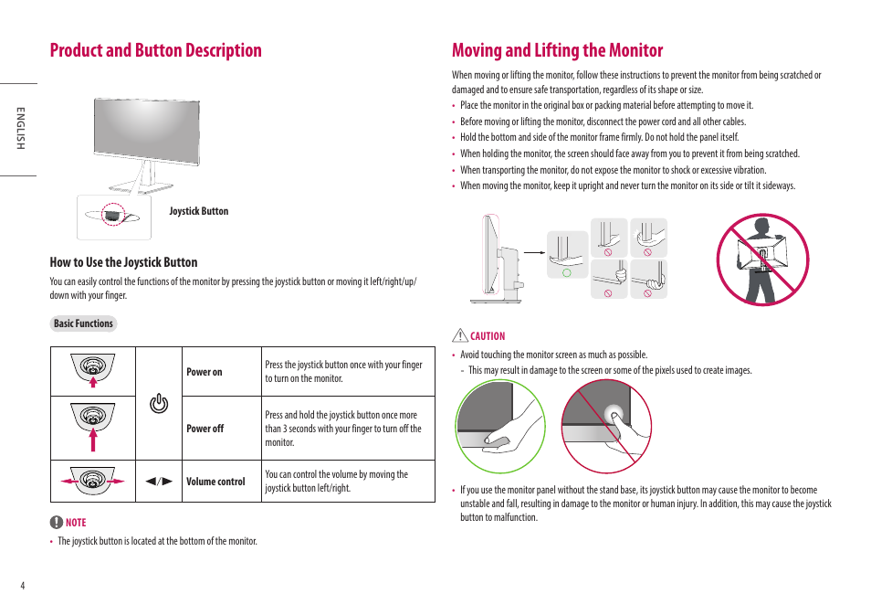 Product and button description, Moving and lifting the monitor, How to use the joystick button | LG 27" IPS Full HD Monitor with USB Type-C User Manual | Page 4 / 27