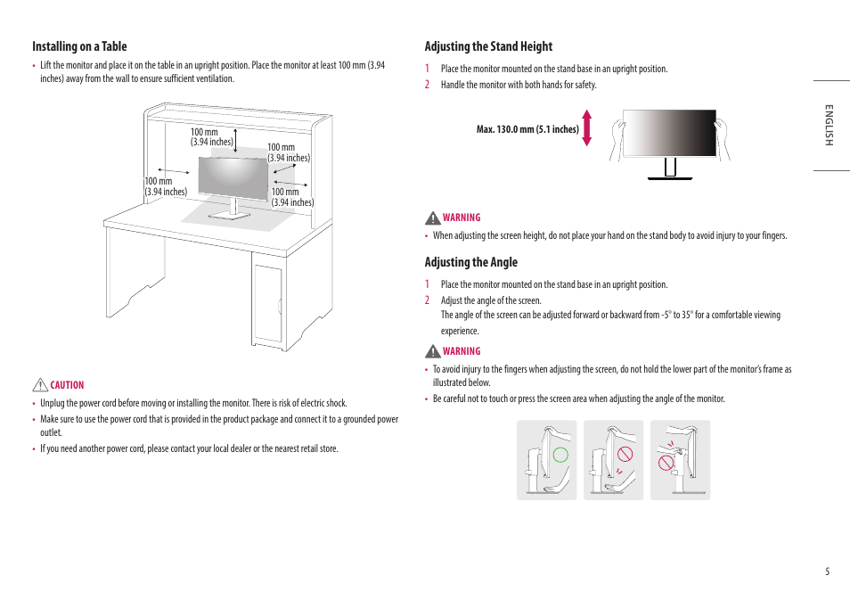 Installing on a table, Adjusting the stand height, Adjusting the angle | LG 27" IPS Full HD Monitor with USB Type-C User Manual | Page 5 / 27