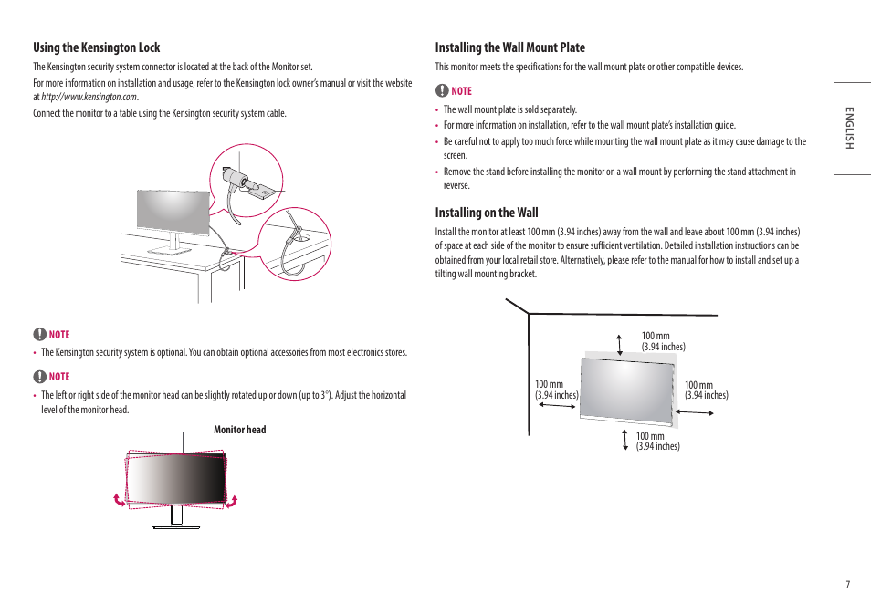 Installing the wall mount plate, Installing on the wall, Using the kensington lock | LG 27" IPS Full HD Monitor with USB Type-C User Manual | Page 7 / 27
