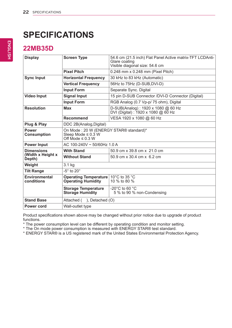 22mb35d, 22 22mb35d, Specifications | LG 24BP450Y-I 23.8" Monitor (TAA) User Manual | Page 22 / 26