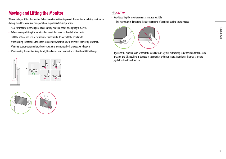 Moving and lifting the monitor | LG UltraWide 49WQ95C-W 49" Dual QHD HDR 144 Hz Curved Monitor User Manual | Page 5 / 31