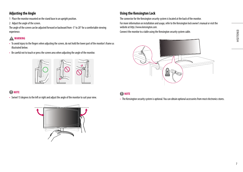 Adjusting the angle, Using the kensington lock | LG UltraWide 49WQ95C-W 49" Dual QHD HDR 144 Hz Curved Monitor User Manual | Page 7 / 31