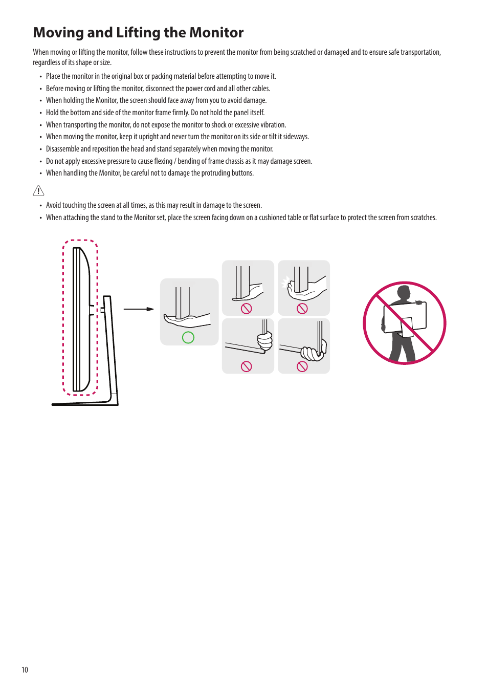 Moving and lifting the monitor | LG 43SQ700S-W 42.5" 4K HDR Monitor (White) User Manual | Page 10 / 21