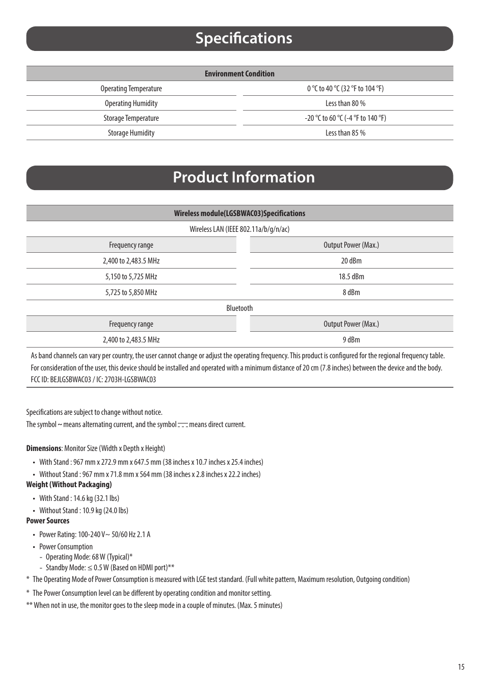 Specifications, Product information | LG 43SQ700S-W 42.5" 4K HDR Monitor (White) User Manual | Page 15 / 21