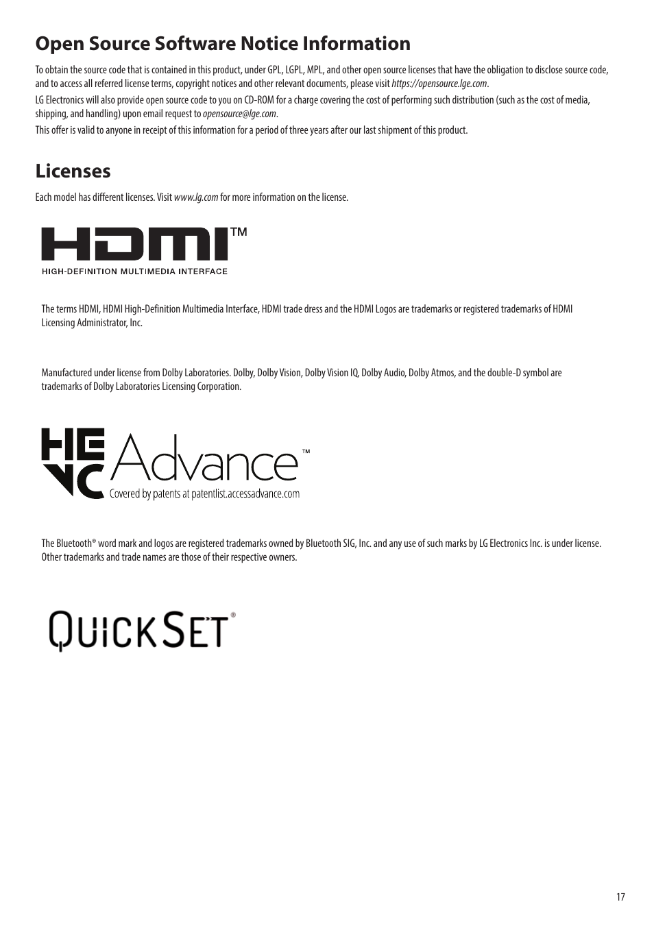 Open source software notice information, Licenses | LG 43SQ700S-W 42.5" 4K HDR Monitor (White) User Manual | Page 17 / 21