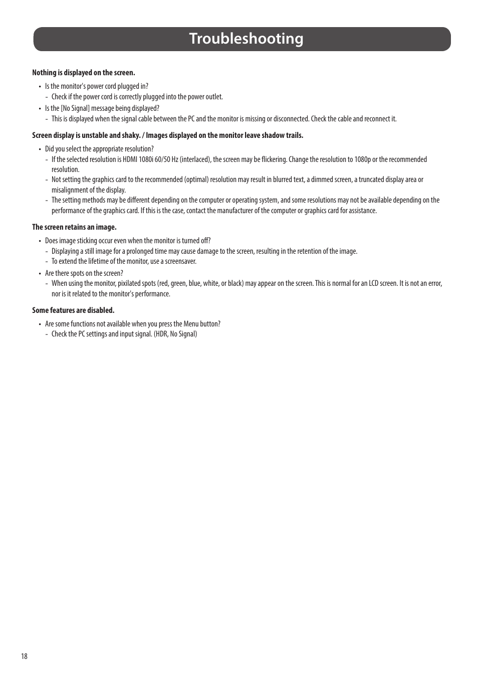 Troubleshooting | LG 43SQ700S-W 42.5" 4K HDR Monitor (White) User Manual | Page 18 / 21
