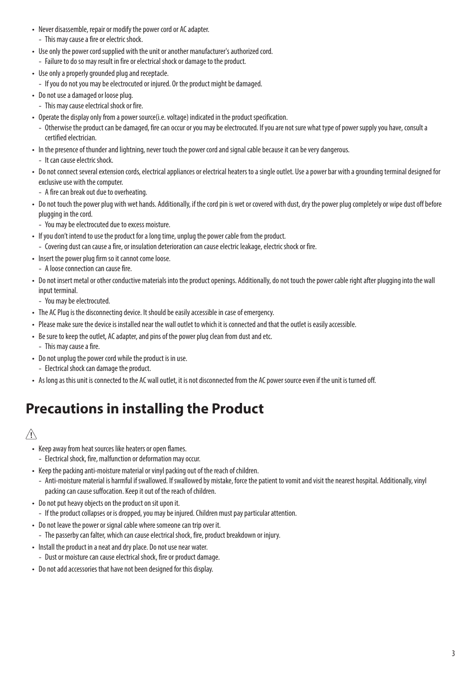 Precautions in installing the product | LG 43SQ700S-W 42.5" 4K HDR Monitor (White) User Manual | Page 3 / 21