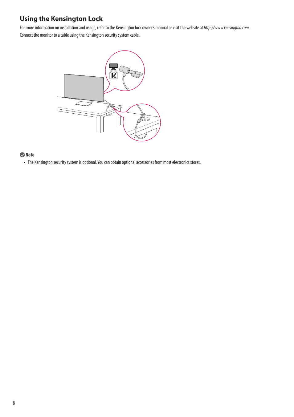 Using the kensington lock | LG 43SQ700S-W 42.5" 4K HDR Monitor (White) User Manual | Page 8 / 21