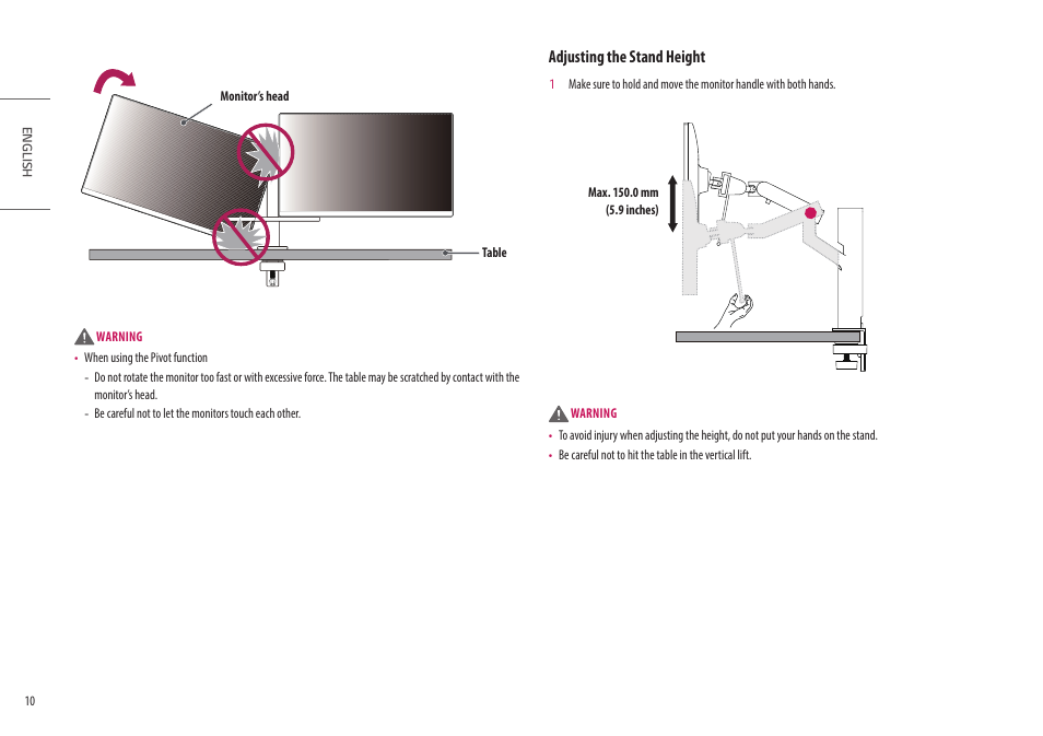 Adjusting the stand height | LG Ergo Dual 27" 1440p HDR Monitors User Manual | Page 10 / 39