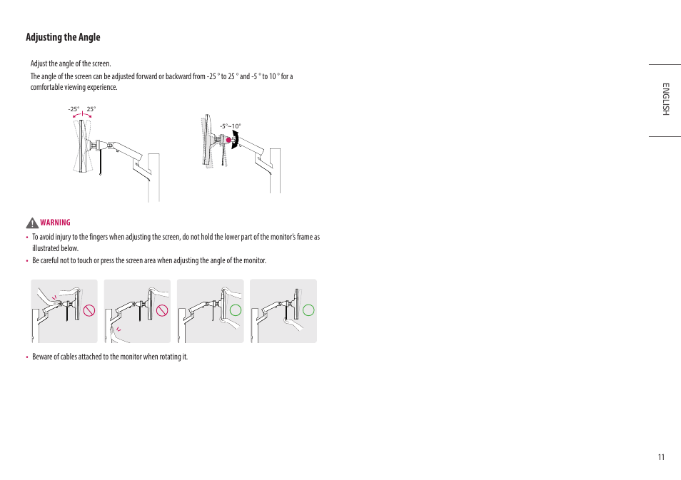Adjusting the angle | LG Ergo Dual 27" 1440p HDR Monitors User Manual | Page 11 / 39