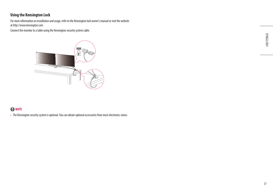 Using the kensington lock | LG Ergo Dual 27" 1440p HDR Monitors User Manual | Page 17 / 39