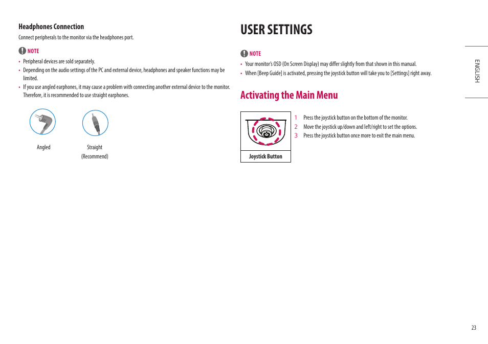 User settings, Activating the main menu | LG Ergo Dual 27" 1440p HDR Monitors User Manual | Page 23 / 39