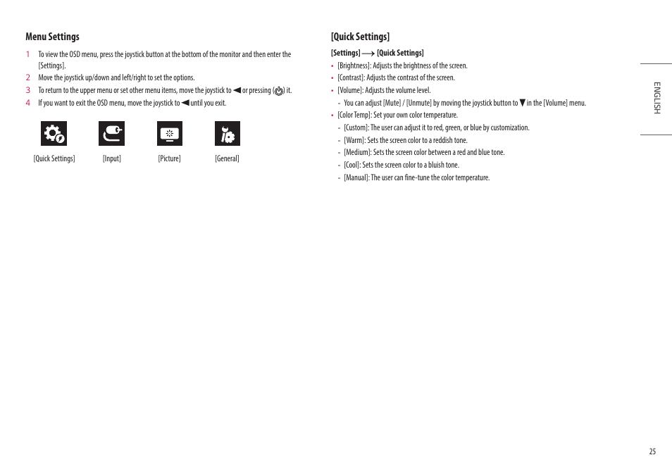 Menu settings, Quick settings | LG Ergo Dual 27" 1440p HDR Monitors User Manual | Page 25 / 39