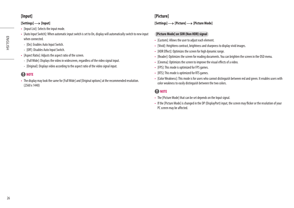 Input, Picture | LG Ergo Dual 27" 1440p HDR Monitors User Manual | Page 26 / 39
