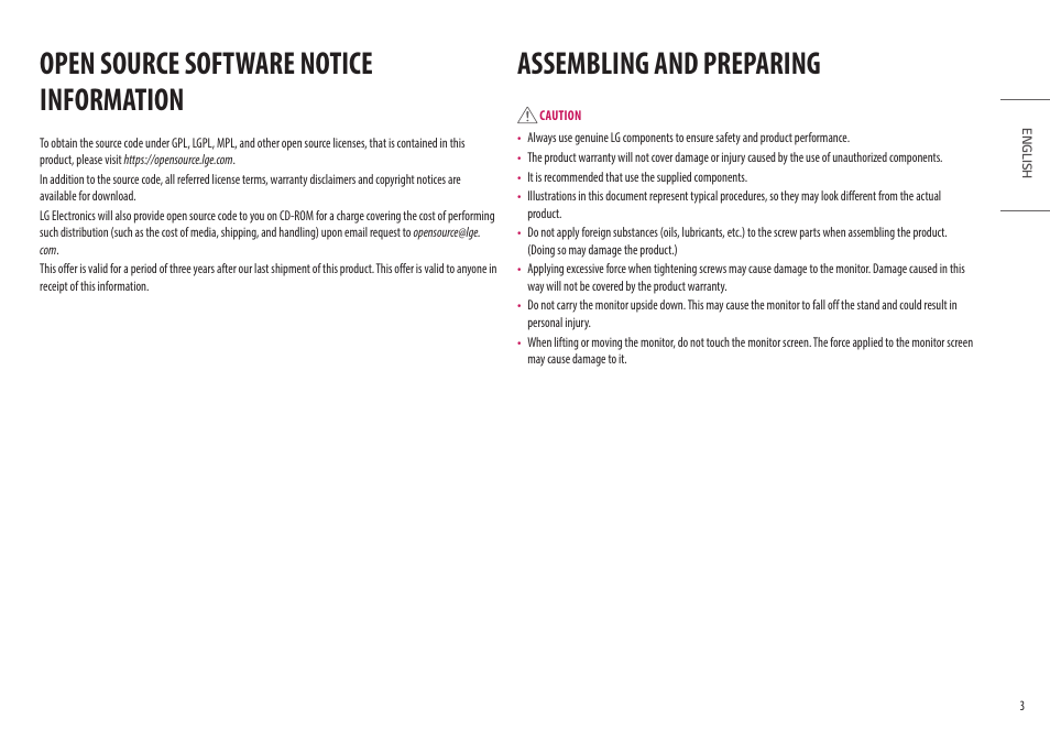 Open source software notice information, Assembling and preparing, Open source software notice | Information | LG Ergo Dual 27" 1440p HDR Monitors User Manual | Page 3 / 39