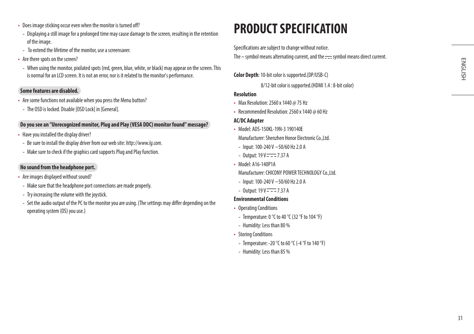 Product specification | LG Ergo Dual 27" 1440p HDR Monitors User Manual | Page 31 / 39