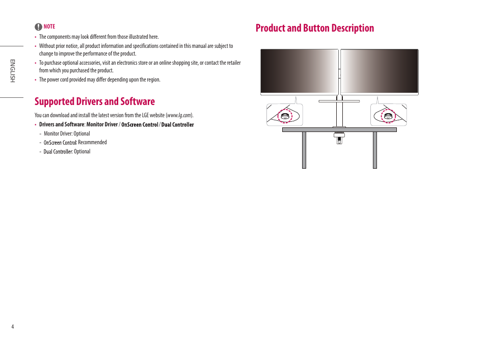 Supported drivers and software, Product and button description | LG Ergo Dual 27" 1440p HDR Monitors User Manual | Page 4 / 39