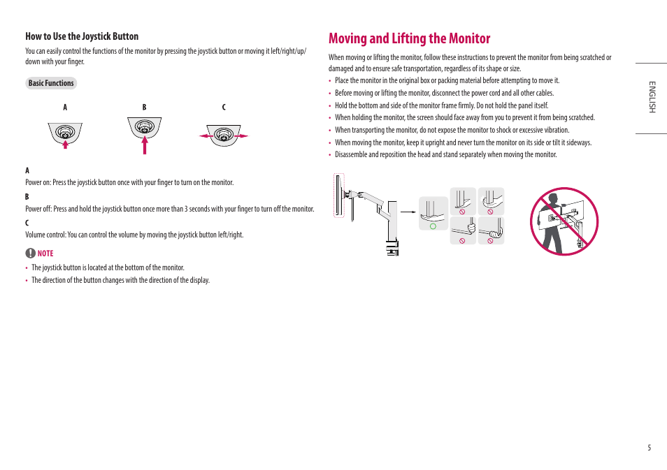 Moving and lifting the monitor, How to use the joystick button | LG Ergo Dual 27" 1440p HDR Monitors User Manual | Page 5 / 39