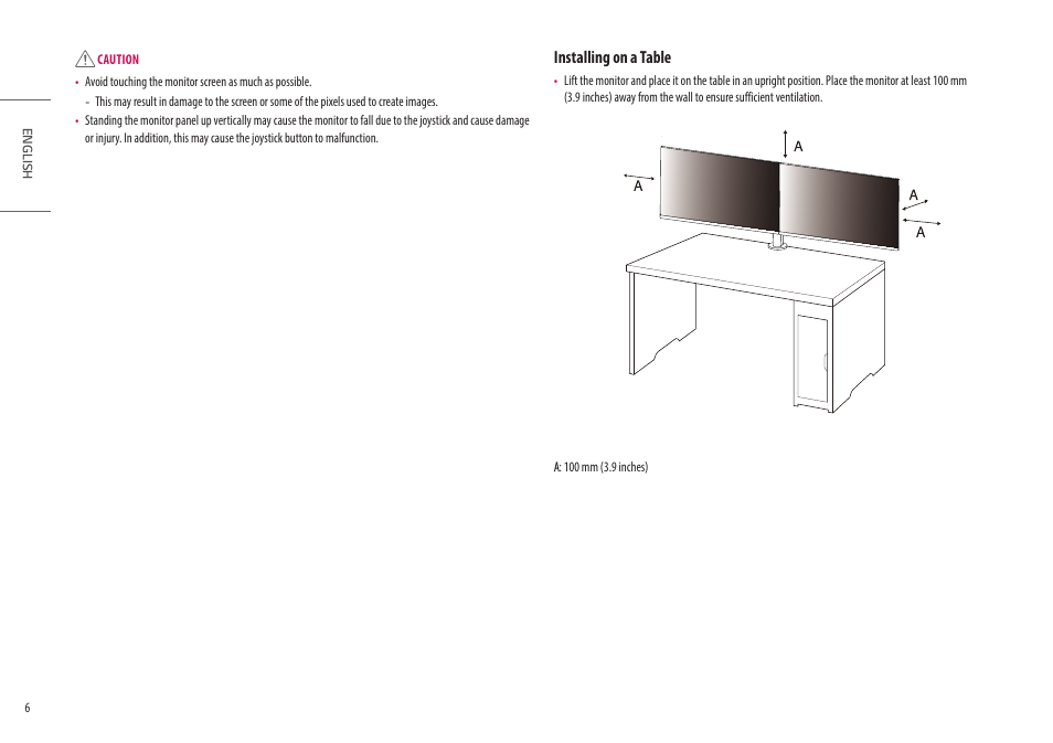 Installing on a table | LG Ergo Dual 27" 1440p HDR Monitors User Manual | Page 6 / 39