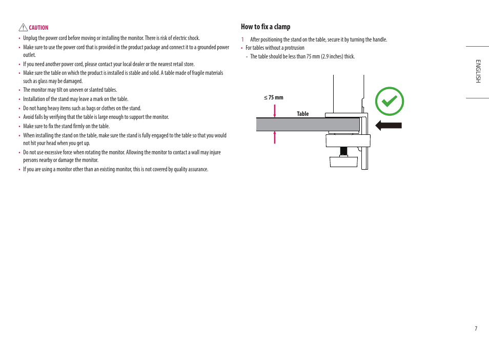 How to fix a clamp | LG Ergo Dual 27" 1440p HDR Monitors User Manual | Page 7 / 39