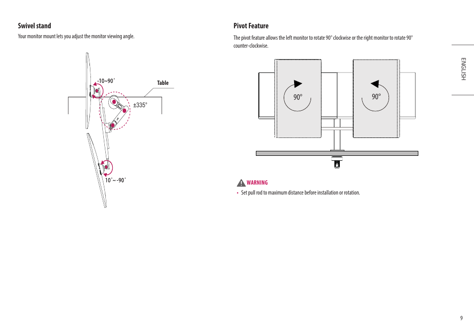 Swivel stand, Pivot feature | LG Ergo Dual 27" 1440p HDR Monitors User Manual | Page 9 / 39
