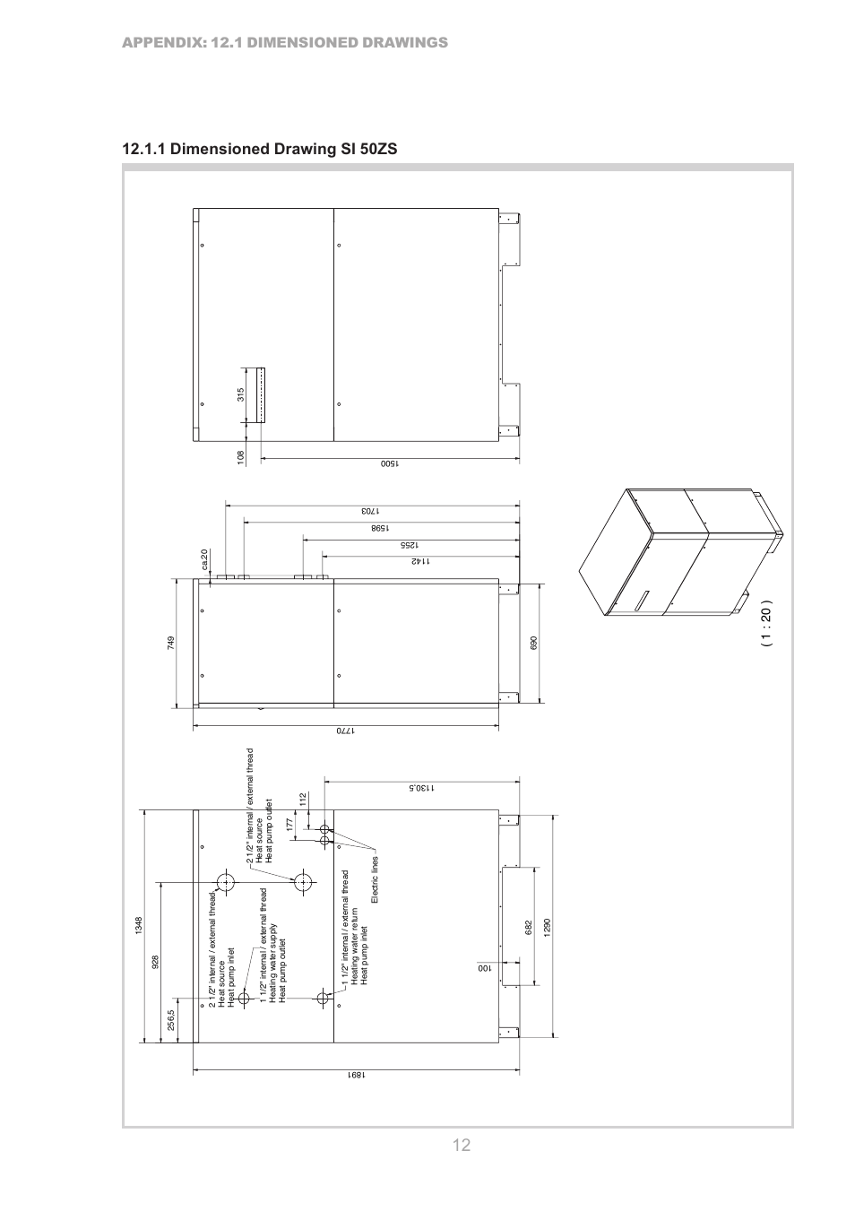 1 dimensioned drawing si 50zs, Appendix: 12.1 dimensioned drawings | Dimplex SI 75ZS User Manual | Page 12 / 28