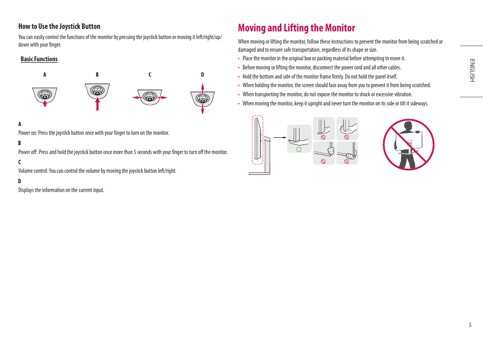 Moving and lifting the monitor | LG UltraFine 27BP95E-B 27" 4K HDR Monitor User Manual | Page 5 / 31