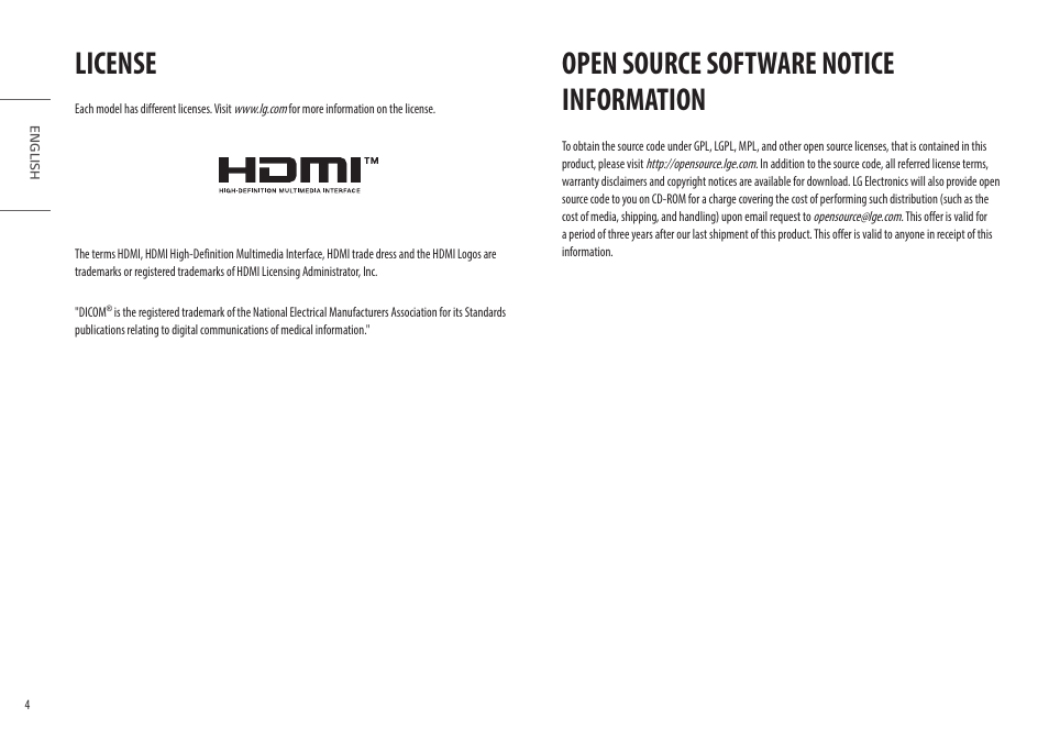 License, Open source software notice information, Open source software notice | Information | LG 32HL512D-B 31.5" 8MP Color Diagnostic 16:9 4K HDR IPS Monitor User Manual | Page 4 / 42