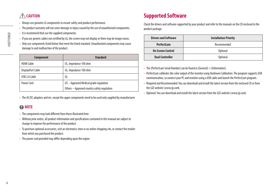 Supported software, Caution | LG 32HL512D-B 31.5" 8MP Color Diagnostic 16:9 4K HDR IPS Monitor User Manual | Page 6 / 42