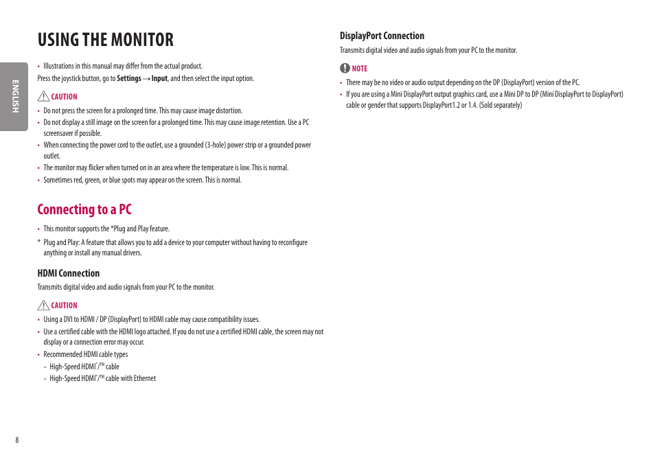 Using the monitor, Connecting to a pc, Hdmi connection | Displayport connection | LG BQ60QC 34" 1440p HDR Curved Monitor User Manual | Page 8 / 30