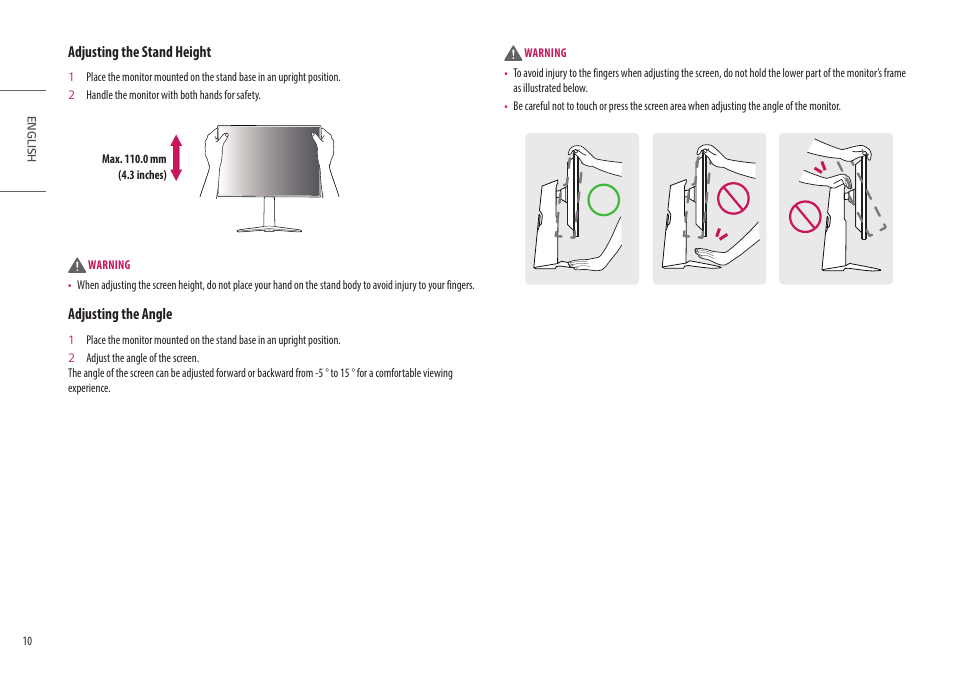 Adjusting the stand height, Adjusting the angle | LG 27GN95B-B 27" 16:9 144 Hz IPS 4K Gaming Monitor (Black & Red) User Manual | Page 10 / 33